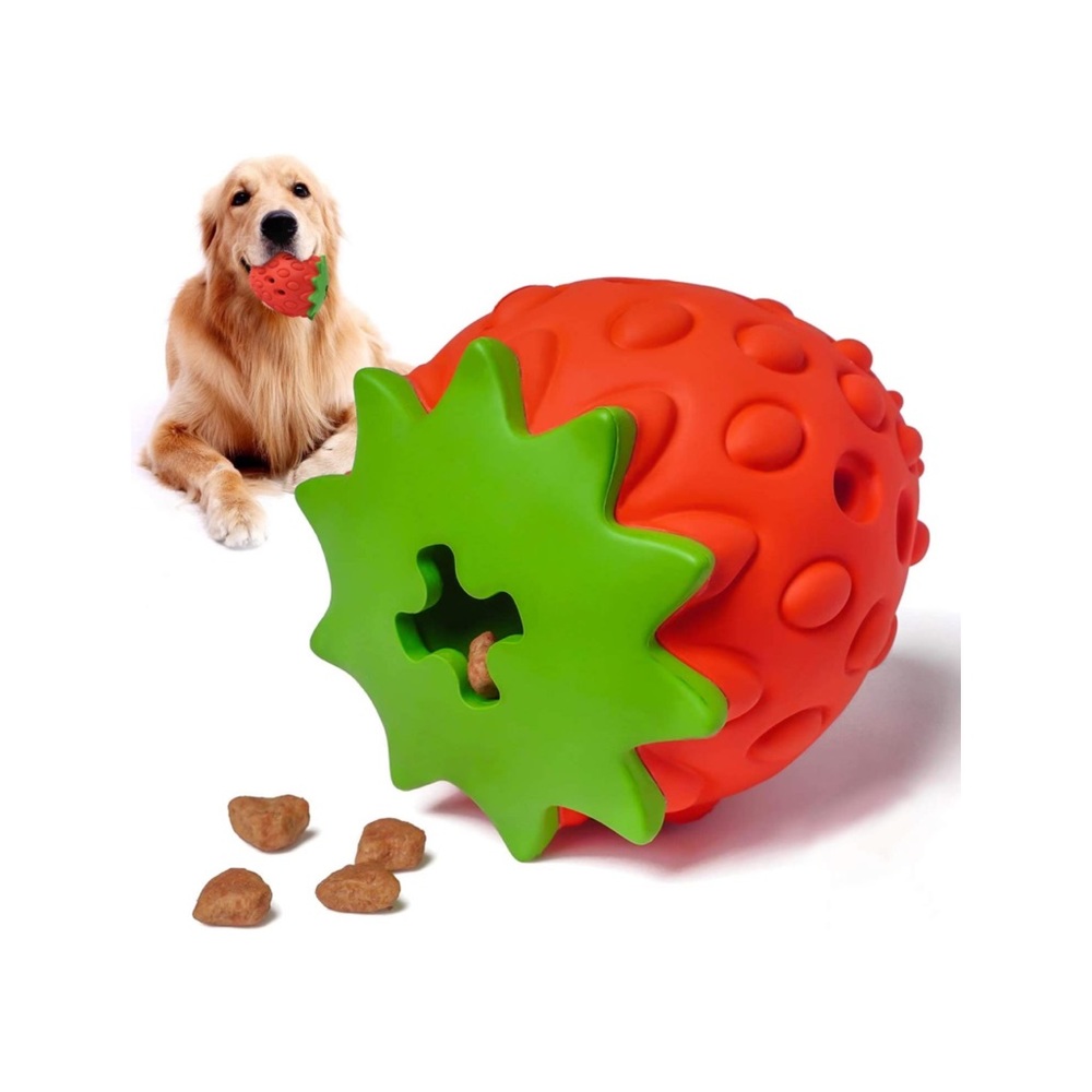 Strawberry nontoxic bite resistant dog treat dispensing toy for all size dogs